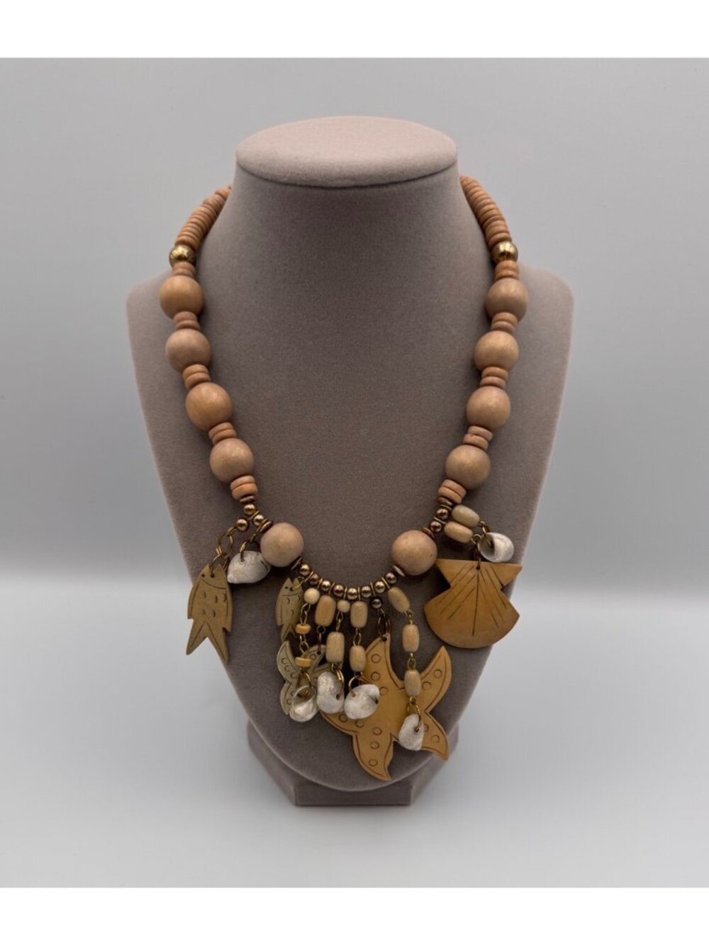 Vintage Tagua Nut Sea Life Charm Necklace Wood Beads Shell Boho Statement